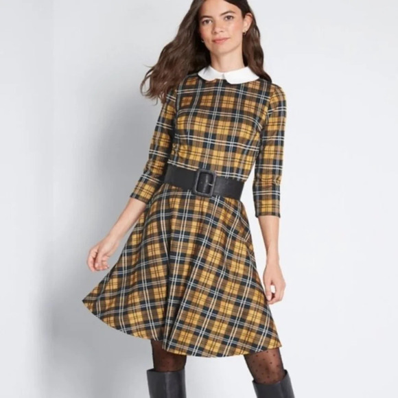 Modcloth "Perfectly Proper" Yellow Plaid A-Line Dress - Picture 3 of 7